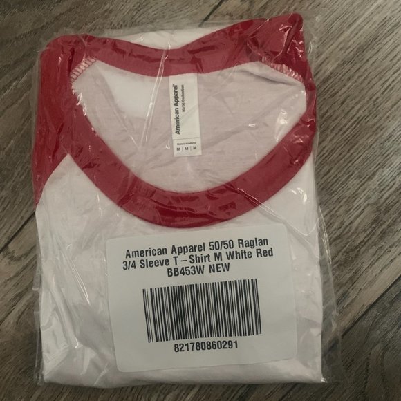 NWT AMERICAN APPAREL 50/50 RAGLAN 3/4 SLEEVE WHITE/RED SHIRT MEDIUM - Picture 6 of 7